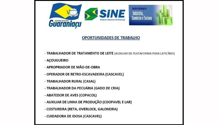 Guaraniaçu - Agência do Trabalhador do município oferece vagas de emprego 